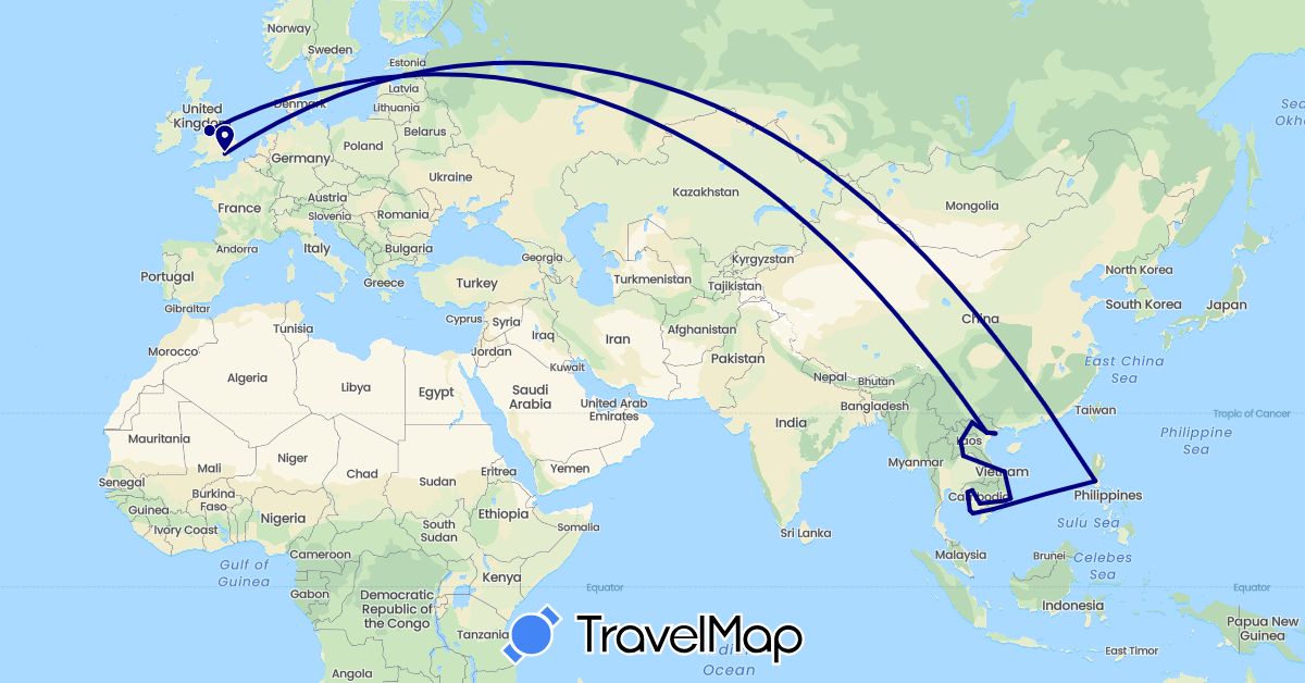 TravelMap itinerary: driving in United Kingdom, Cambodia, Laos, Philippines, Vietnam (Asia, Europe)